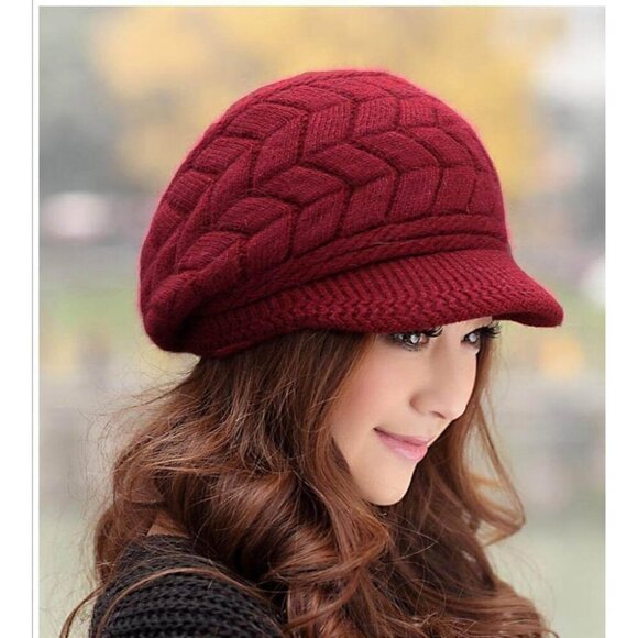 〽️Women’s _2hats(black+wine) Winter Warm Knit Wool Snow Ski Hat with Visor main image 7